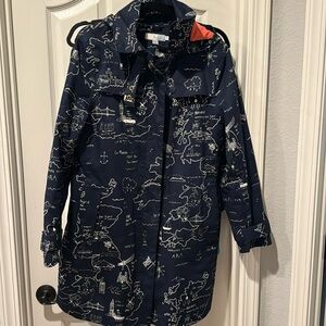 Boden navy rainy day Mac with pink fleece interior and attached hood